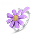 wholesale S925 Sterling Silver Creative Purple Enamel Rotating Daisy Ring, Japanese Light Luxury Jewelry, Direct from Manufacturer-0-0