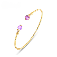 wholesale S925 Sterling Silver Gold-Plated Wide Geometric Multicolor Gemstone Open Bangle Bracelet for Women, Minimalist Style, Handcrafted-Synthetic Amethyst 925 Silver