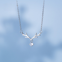 wholesale S925 Sterling Silver Women's Christmas Fresh and Delicate Polished Deer Antler Four-Claw Single Diamond Sweet Collarbone Necklace D6356-S925 Silver Necklace 925 Silver