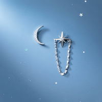 wholesale S925 silver asymmetric crescent ear stud with minimalist chain and starry short design for girls G7347-S925 silver earrings rose gold 925 silver
