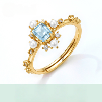 wholesale Sterling Silver Japanese Light Luxury Natural Blue Topaz Geometric Open Ring Women's Versatile Snowflake Minimalist Ring-Green moss Opening adjustable