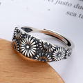 wholesale S925 silver chic women's fashion trendy vintage oxidized Thai silver daisy open ring silver jewelry-0-2