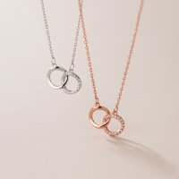 wholesale Sterling Silver Interlocking Double Circle Geometric Pendant Necklace for Women, Minimalist Korean Style Collarbone Chain D7267-S925 silver necklace rose gold 925 silver