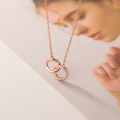 wholesale Sterling Silver Interlocking Double Circle Geometric Pendant Necklace for Women, Minimalist Korean Style Collarbone Chain D7267-0-1