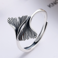 wholesale S925 Sterling Silver Ginkgo Leaf Ring for Women, Trendy Ins Style, Minimalist and Fashionable, Unique Vintage-inspired Cold Tone Open Adjustable Ring-0-0