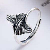 wholesale S925 Sterling Silver Ginkgo Leaf Ring for Women, Trendy Ins Style, Minimalist and Fashionable, Unique Vintage-inspired Cold Tone Open Adjustable Ring-YJ175/approx. 1.9g Adjustable opening