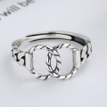 wholesale S925 Sterling Silver Retro Geometric Hollow-out Ring, Korean-style Irregular Twist Pattern Personality Pure Silver Twist Open Adjustable Ring for Women-0-1