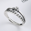 wholesale S925 Sterling Silver Vintage Gothic Punk Hip Hop Cross Flower Adjustable Ring-0-0