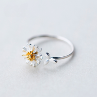 wholesale S925 silver ring, women's Korean style forest-themed silver gold-plated daisy ring, cute small leaf open ring, R00108-S925 silver ring>Adjustable opening
