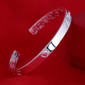 wholesale S990 Solid Silver Heart-shaped English Letter Open Bangle Bracelet for Women, Simple and Fashion-0-0