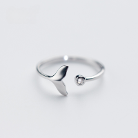 wholesale S925 Silver Small Fish Ring for Women, Minimalist Korean Style Single Diamond Mermaid Tail Adjustable Ring J3238-S925 silver ring Adjustable opening
