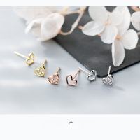 wholesale S925 Sterling Silver Asymmetric Heart Stud Earrings for Women, Korean Style Nature-Inspired with Diamond Accents and Hollow-Out Design, Sweet and Cute E6559-S925 Silver Gold 925 Silver