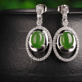 wholesale 925 Sterling Silver Inlaid with Hetian Jade Bead Earrings with Certificate, Hollow-Out Ethnic Style Green Jade Ear Studs for Women-0-5
