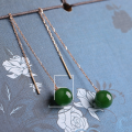 wholesale 18K Gold Vintage Hetian Jasper Earrings, Natural Hetian Jade Ear Thread Earrings with Certificate, Round Bead Jade Earrings for Women-0-5