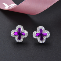 wholesale S925 Silver Stud Earrings for Women, Korean-style Minimalist Purple Diamond-Encrusted Four-Leaf Clover Earrings, Student Ear Accessories for Factory Wholesale and Drop Shipping-Earrings-[Not suitable for Tremella plug]