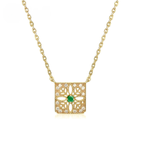 wholesale Silver, Natural Emerald, Ruby Carved Floral Square Necklace, Vintage Openwork Diamond Inlay Jewelry-Natural Emerald (clearance product, no refunds or exchanges unless there is a quality issue, please do not bid) &gt; 925 Silver