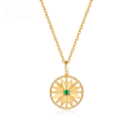 wholesale S925 Sterling Silver Fashionable Antique Natural Emerald Lucky Compass Retro Hollow-Out Beaded Edge Pattern Pendant Necklace for Women-0-0