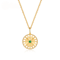 wholesale S925 Sterling Silver Fashionable Antique Natural Emerald Lucky Compass Retro Hollow-Out Beaded Edge Pattern Pendant Necklace for Women-[Pendant] Without chain>925 silver