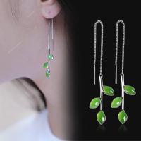 wholesale 925 Silver Inlaid with Hetian Green Jade Long Tassel Earrings, Leaf Design in Vintage Qipao Style-Jasper about 4*7mm 925 silver