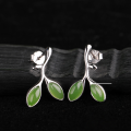 wholesale 925 Silver and Hetian Jade Green Leaf Earrings with Certificate, Pure Silver Small Leaf Bud Jade Earrings-0-5