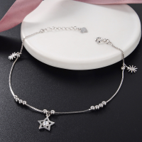 wholesale S925 silver five-pointed star anklet for women, Korean-style minimalist beaded snowflake silver anklet, fresh and delicate ankle jewelry for girls-Anklet>[S925 Silver]