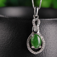 wholesale Sterling silver inlaid with Hetian jade jade pendant with certificate, retro-style Hanfu pure silver jade necklace for women-Jadeite 6*8mm pendant (without chain)  925 silver