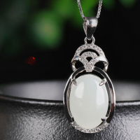 wholesale 925 Sterling Silver Ethnic Style Pendant with Hetian Jade, Comes with Certificate, Factory Direct Retro White Jade Necklace-White jade 10*14mm pendant (without chain)  925 silver