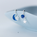 wholesale Metal: S925 Sterling Silver Planet earrings for women, Korean-style small and fresh blue moon asymmetric star ear accessories G0553-0-2