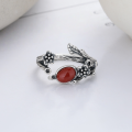 wholesale S925 Sterling Silver Vintage Leaf and Floral Design with Inlaid Southern Red Agate Ring, Pastoral Style Index Finger Ring-0-2