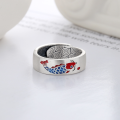 wholesale S925 Sterling Silver Antiqued Matte Craft Chinese Style Enamel Red Koi Fortune Fish "Like a Fish in Water" Ring-0-1