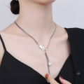 wholesale S925 Sterling Silver Korean-style Layered Chain Pearl Tassel Engraved Rectangular Pendant Fashion Niche Design Collarbone Necklace-0-3