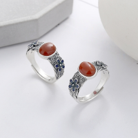 wholesale S925 Sterling Silver Vintage Style Red Agate with Resin Floral Accent Creative and Fresh National Trend Ring-926FJ/polished about 4.4g Opening adjustable