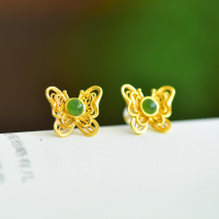 wholesale 925 Silver Gold Filigree Hetian Jade Butterfly Earrings, New Chinese Palace Style Jade Ear Accessories-Gold White Jade 925 Silver