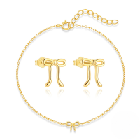 wholesale S925 Sterling Silver Bow Bracelet And Earrings Set, Simple European-style Smooth Design, Versatile Women's Accessories-Earring and Bracelet Set 925 Silver