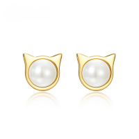 wholesale S925 Sterling Silver Japanese New Stylish Cute Cat Pearl Ear Studs, Small Niche Design Women's High-end Earrings-10K gold + swimming paint  925 silver