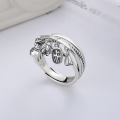 wholesale S925 Sterling Silver Cloud Tide Pavilion Ring for Women, Vintage Pendant with Tassel Lotus Design, Creative Ancient Chinese Style Adjustable Open Ring-0-0