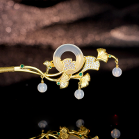 wholesale S925 Sterling Silver White Jade Ginkgo Leaf Hairpin, Chinese Style High-End Ancient Hair Stick-K gold 925 silver