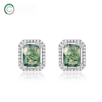 wholesale S925 Sterling Silver European and American New Geometric Full Zircon Moss Stud Earrings, Fashionable and Personalized with a High-End Feel-Thick Silver Platinum 925 Silver