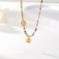 wholesale Metal material Pixiu Ruyi lucky bag necklace for women, small niche colored stone sweater chain accessory, retro Chinese style national trend ethnic style collarbone chain-Tourmaline Ruyi Lucky Bag Necklace/10.45g>TL013189