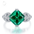 wholesale 925 Silver Ring with Green Tourmaline Color Inlaid Chubby Square 10*10 High Carbon Diamonds, Stunning Eye-Catching European and American Style for Women-0-0