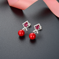 wholesale S925 Silver Red Festive Shell Pearl Earrings Korean Simple Zircon Ear Drops for Women Ethnic Style Diamond-Studded Ear Studs-Earrings with plastic earplugs 925 silver