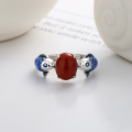wholesale S925 Sterling Silver Enamel Double Fish Ring Inlaid with South Red Agate, Koi Fish Symbolism, Ethnic Style-0-1