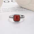 wholesale S925 Sterling Silver Vintage Country Style Wheat Grain Square Sugar Red Agate Blood Amber Stone Distressed Design Adjustable Ring-0-3