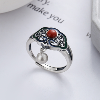 wholesale S925 Sterling Silver Ethnic Style Vintage Matte Enamel Process Inlaid with Southern Red Agate Ruyi Ring-798FJ/approx. 3.3g Adjustable opening