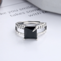 wholesale S925 Sterling Silver Korean Style Ins Minimalist Square Black Zircon Cold Tone Design Open Adjustable Ring-0-1