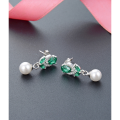 wholesale S925 Sterling Silver Floral Pearl Earrings for Women, Vintage French Style with Shell Pearls, Emerald Green Zircon Ear Accessories-0-3