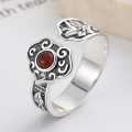 wholesale S925 sterling silver retro-style ethnic-inspired open ring with auspicious lotus design inlaid with southern red agate-0-2