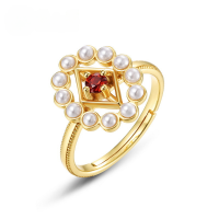 wholesale 925 Silver Gold-Plated, New Japanese Light Luxury Style Garnet Ring Exquisite Retro Shell Pearl Ring Wholesale-10K gold + swimming paint Adjustable opening