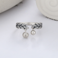 wholesale S925 Sterling Silver Korean-style Forest-themed Leaf and Wheat Spike Small Bead Pendant Creative Open Ring-0-2