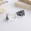 wholesale S925 sterling silver retro palace-style creative resin enamel feather-shaped ring inlaid with southern red agate-0-2